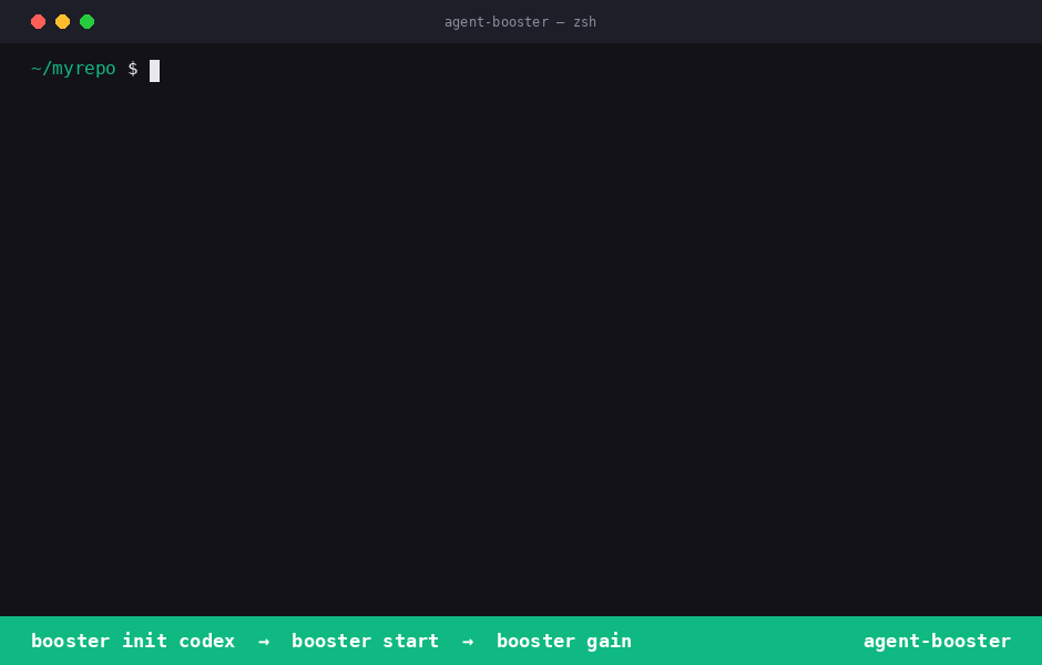 Agent Booster with OpenAI Codex: booster init codex wires the MCP server and AGENTS.md, booster start indexes the project, and booster gain shows token savings
