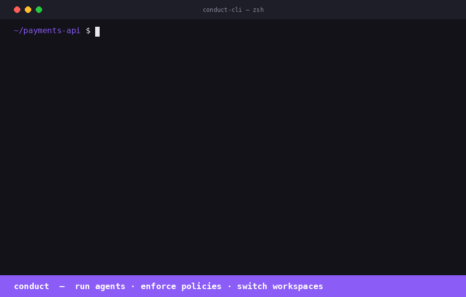 Conduct CLI demo: conduct whoami, switch workspaces with Guard policy sync, and run an agent from the terminal